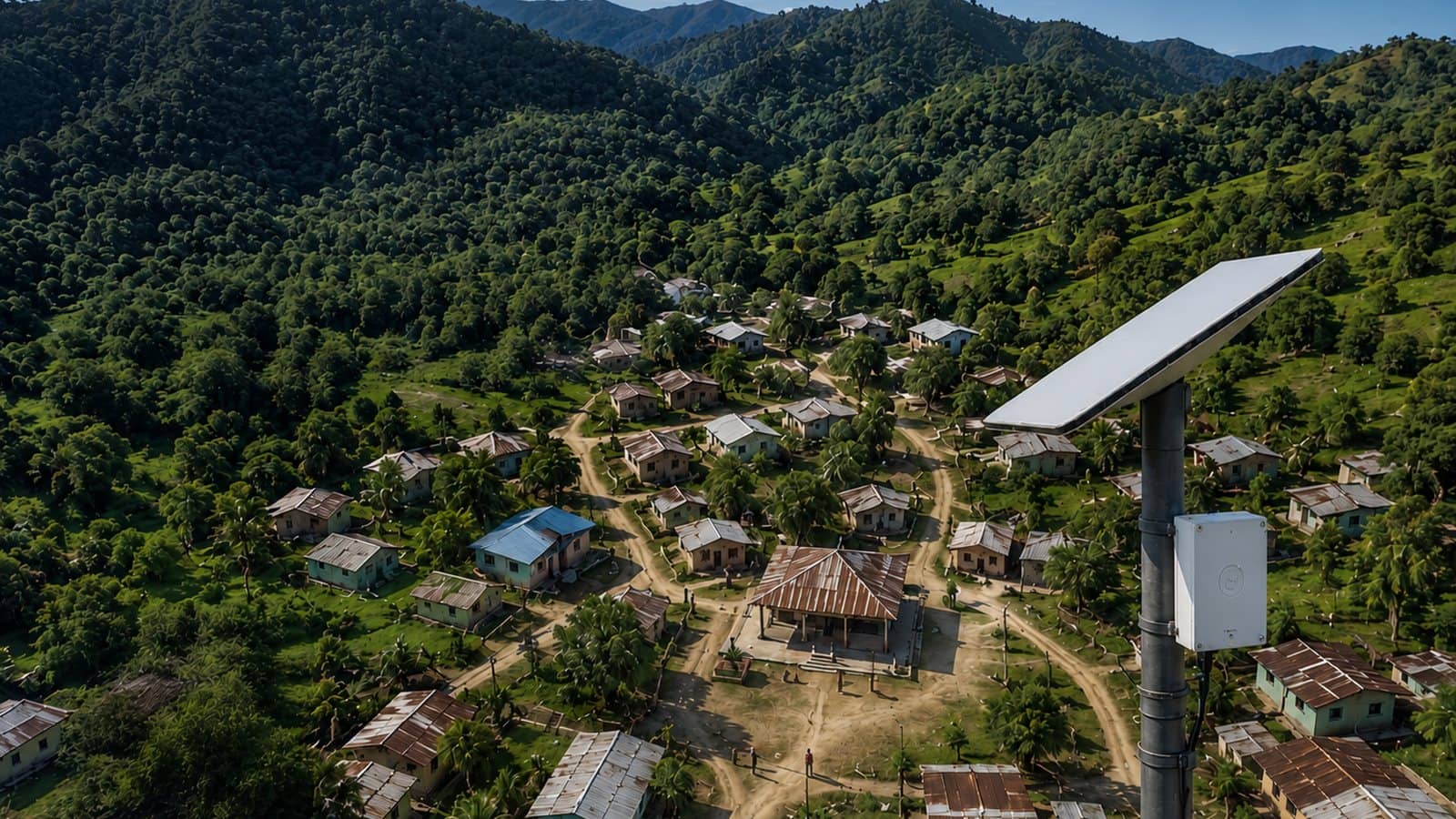 Vereda colombiana con vecinos reunidos alrededor de un punto de conexión satelital
